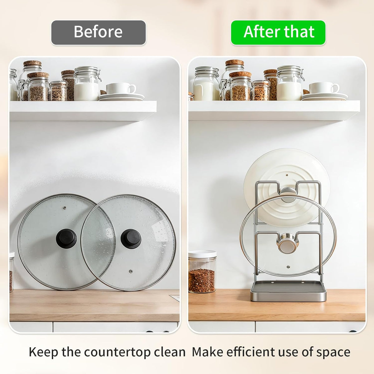 304 Stainless Steel Pot Lid Holder with Drip Tray, Countertop Organizer | Convenient While Cooking Removable Drip Tray Multifunctional Organizer Space-Saving Design Easy to Clean