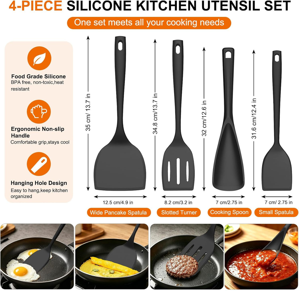 4 Pack Silicone Spatula Set, High Heat Resistant, For Non-Stick Pan