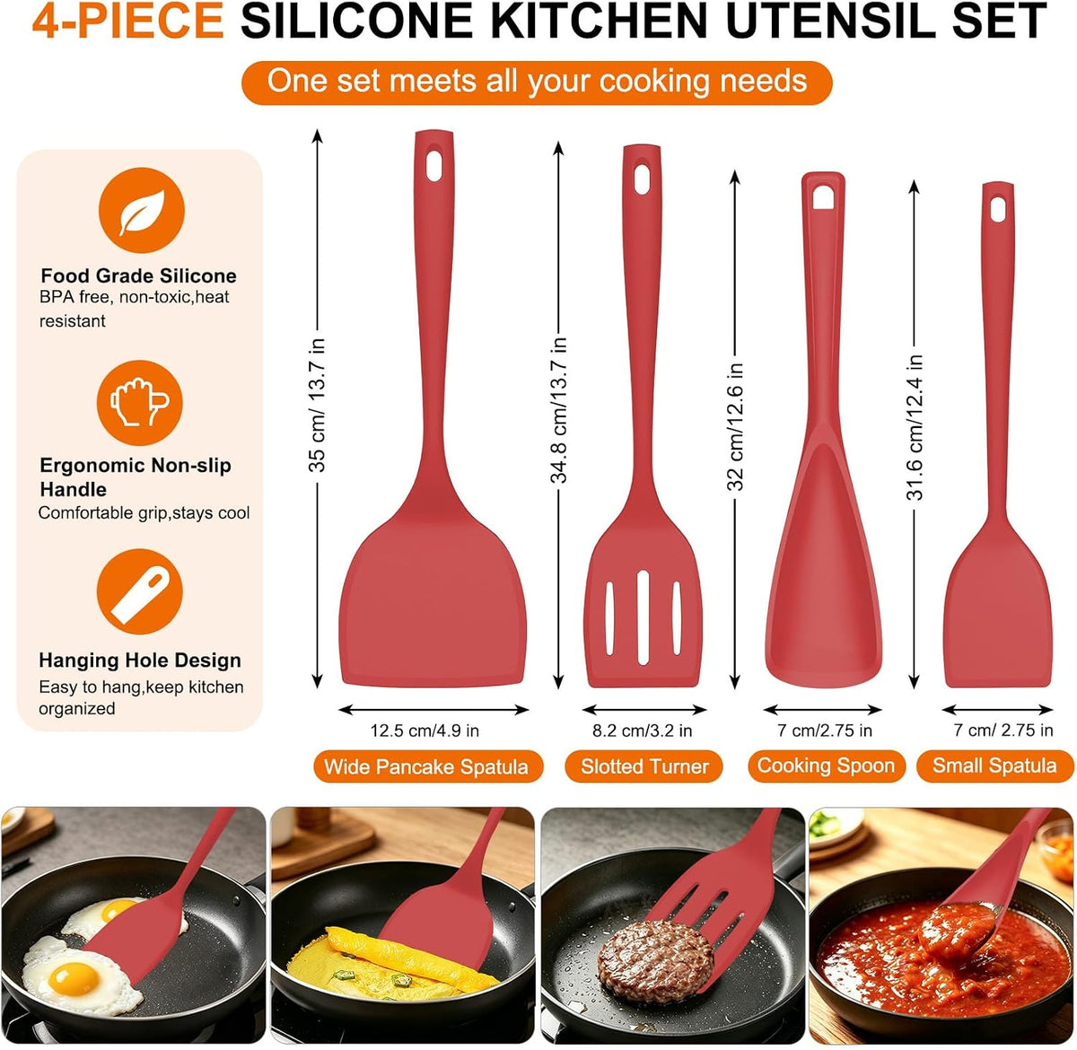 4 Pack Silicone Spatula Set, High Heat Resistant, For Non-Stick Pan