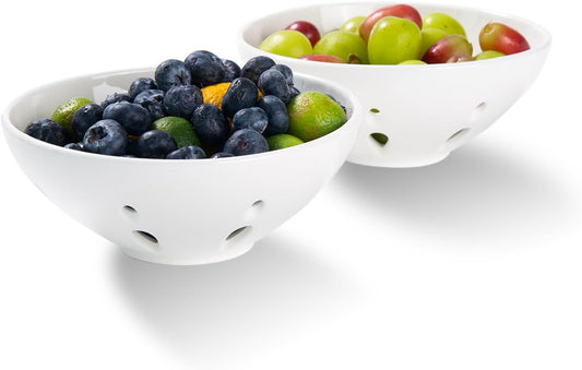 Ceramic Berry Bowl with Holes, Berry Basket, Set of 2, White | Round Fruit Bowl with Draining Hole, 5.8" Berry Colander for Kitchen Counter, Fruit Baskets