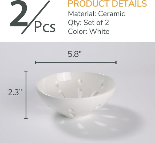 Ceramic Berry Bowl with Holes, Berry Basket, Set of 2, White | Round Fruit Bowl with Draining Hole, 5.8" Berry Colander for Kitchen Counter, Fruit Baskets