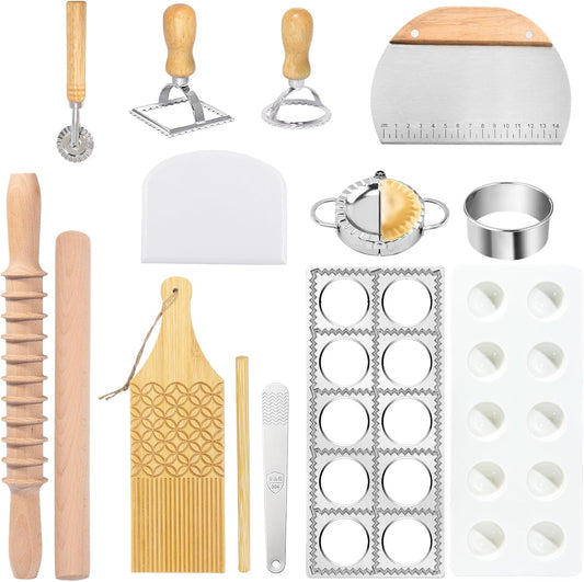 13Pcs Wood Pasta Making Kit | Pasta Tools with Rolling Pin,Ravioli Mold,Ravioli Cutter,Gnocchi Board,Pasta Stamps,Dumpling Tool,Stick Dough Scraper