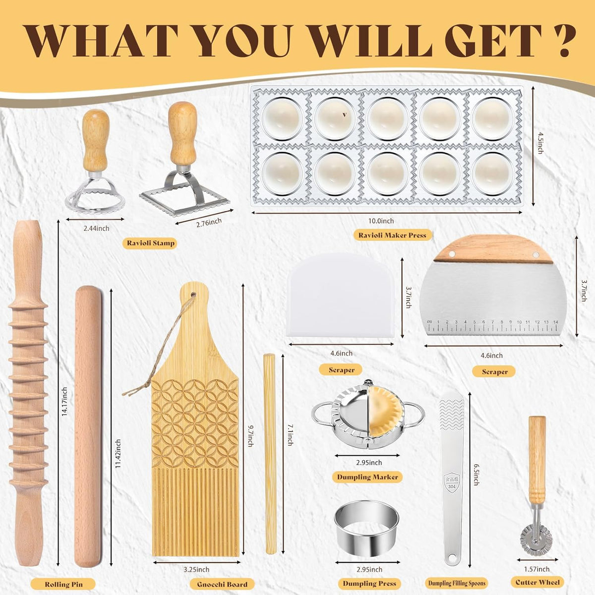 13Pcs Wood Pasta Making Kit | Pasta Tools with Rolling Pin,Ravioli Mold,Ravioli Cutter,Gnocchi Board,Pasta Stamps,Dumpling Tool,Stick Dough Scraper