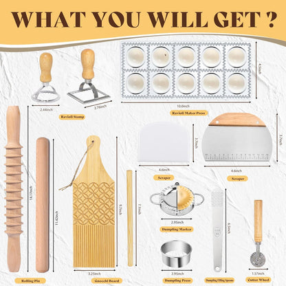 13Pcs Wood Pasta Making Kit | Pasta Tools with Rolling Pin,Ravioli Mold,Ravioli Cutter,Gnocchi Board,Pasta Stamps,Dumpling Tool,Stick Dough Scraper