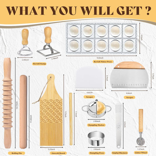 13Pcs Wood Pasta Making Kit | Pasta Tools with Rolling Pin,Ravioli Mold,Ravioli Cutter,Gnocchi Board,Pasta Stamps,Dumpling Tool,Stick Dough Scraper