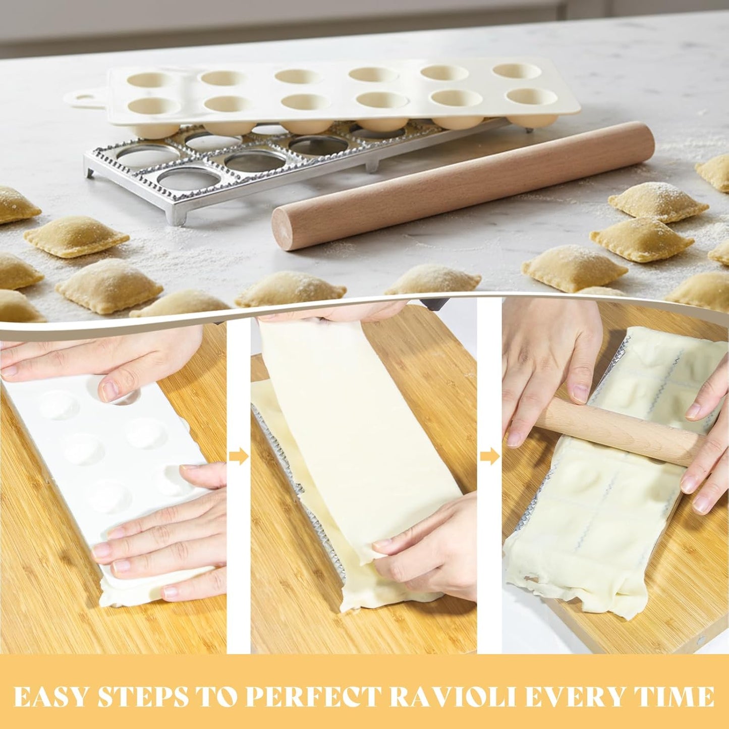 13Pcs Wood Pasta Making Kit | Pasta Tools with Rolling Pin,Ravioli Mold,Ravioli Cutter,Gnocchi Board,Pasta Stamps,Dumpling Tool,Stick Dough Scraper