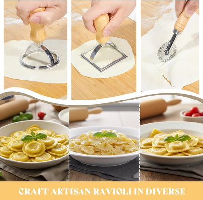 13Pcs Wood Pasta Making Kit | Pasta Tools with Rolling Pin,Ravioli Mold,Ravioli Cutter,Gnocchi Board,Pasta Stamps,Dumpling Tool,Stick Dough Scraper