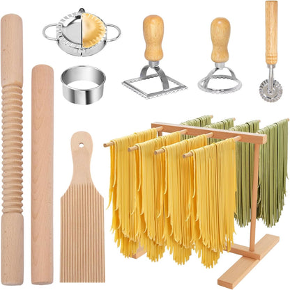 13Pcs Wood Pasta Making Kit | Pasta Tools with Rolling Pin,Ravioli Mold,Ravioli Cutter,Gnocchi Board,Pasta Stamps,Dumpling Tool,Stick Dough Scraper