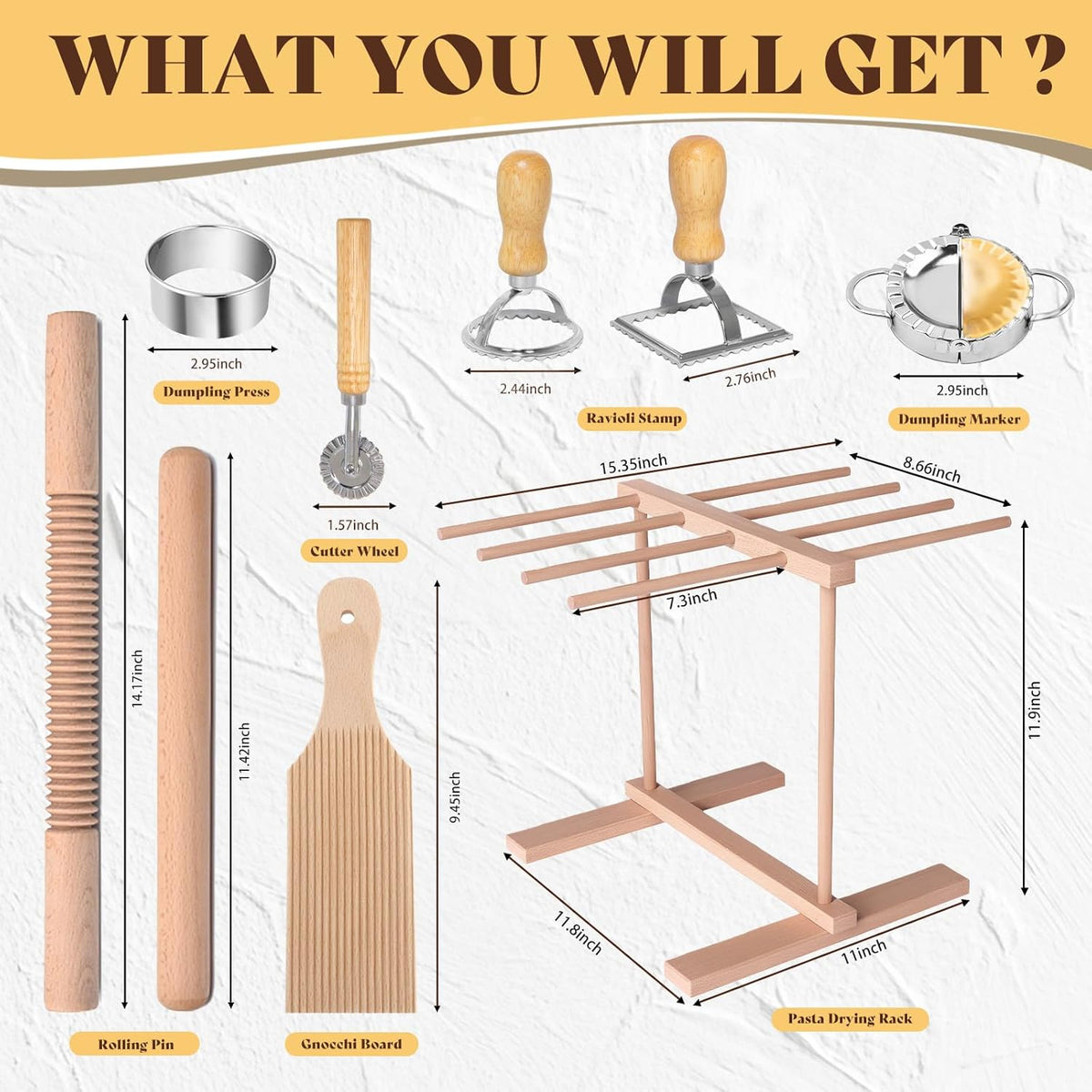 13Pcs Wood Pasta Making Kit | Pasta Tools with Rolling Pin,Ravioli Mold,Ravioli Cutter,Gnocchi Board,Pasta Stamps,Dumpling Tool,Stick Dough Scraper