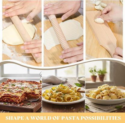 13Pcs Wood Pasta Making Kit | Pasta Tools with Rolling Pin,Ravioli Mold,Ravioli Cutter,Gnocchi Board,Pasta Stamps,Dumpling Tool,Stick Dough Scraper