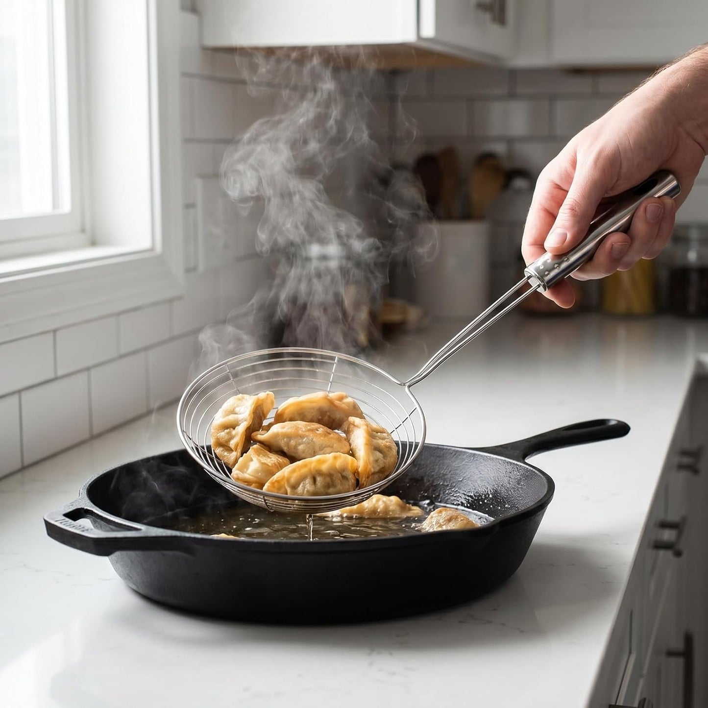 Stainless Steel Spider Skimmer Spoon Mesh Strainer Spoon with Long Handle Slotted for Frying Pasta Dumplings Noodles Deep Fryer Scoop Strainer Kitchen Scoop