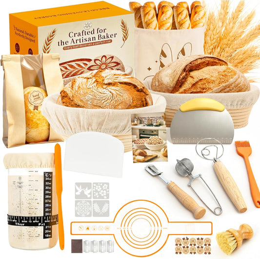 Complete Sourdough Starter Kit for Beginners | with Bag & Manual | Sourdough Bread Baking Supplies with Round & Oval Bread Proofing Basket, Bread Sling, Starter Jar, Dough Whisk, Scrapers