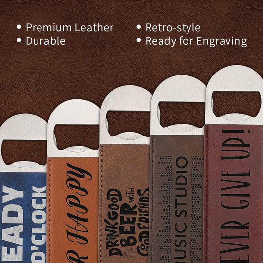 8 Pack Leather Flat Bottle Opener 7" Yellow Brown for Engraving | Laser Engraving Ready, DTF Transfer Compatible, Custom Stainless Steel Opener for Kitchen,Bar,Restaurant or Home