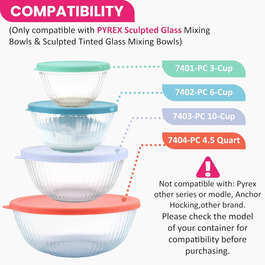Silicone Lids Fit for Pyrex Sculpted Glass Mixing Bowls, Replacement Lids Compatible with Pyrex 3, 6, 10 Cup & 4.5 Qt Sculpted & Tinted Glass Bowls, Dishwasher Safe (Lid Only)