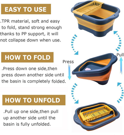 11L（2.91 Gallon） Collapsible Dish Basin with Drain Plug, Space Saving Outdoor Multiuse Foldable Sink Tub, Dishpan, Portable Kitchen Storage Tray for Vegetable Washing, Camping, RV (Green)