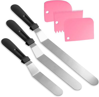 Litoexpe 6 Pack Stainless Steel Icing Spatulas with Blue Scrapers | Angled Offset Design, for Baking and Cake Decorating Projects