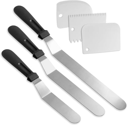 Litoexpe 6 Pack Stainless Steel Icing Spatulas with Blue Scrapers | Angled Offset Design, for Baking and Cake Decorating Projects