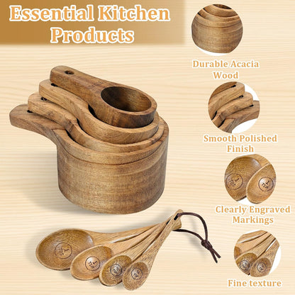 Wooden Measuring Cups and Spoons Set - Eco-Friendly Solid Acacia Wood, Laser Engraved Measurements for Precision, Perfect for Baking & Cooking, Ideal Gift for Bakers, Chefs & Home Cooks (Brown)