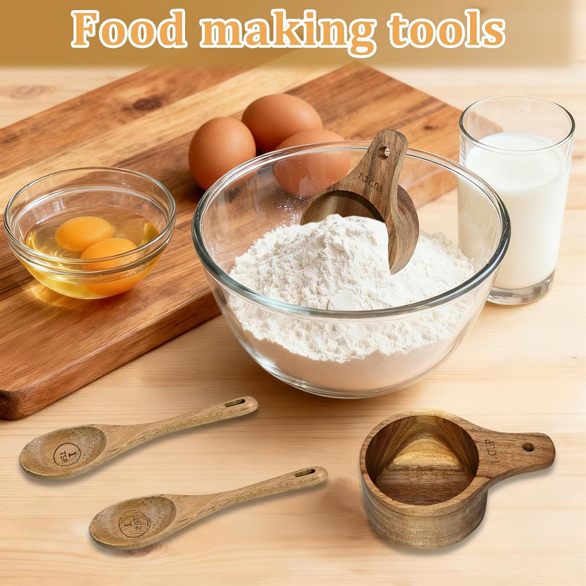 Wooden Measuring Cups and Spoons Set - Eco-Friendly Solid Acacia Wood, Laser Engraved Measurements for Precision, Perfect for Baking & Cooking, Ideal Gift for Bakers, Chefs & Home Cooks (Brown)