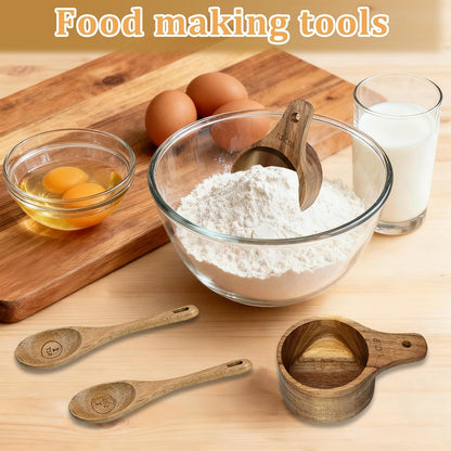 Wooden Measuring Cups and Spoons Set - Eco-Friendly Solid Acacia Wood, Laser Engraved Measurements for Precision, Perfect for Baking & Cooking, Ideal Gift for Bakers, Chefs & Home Cooks (Brown)
