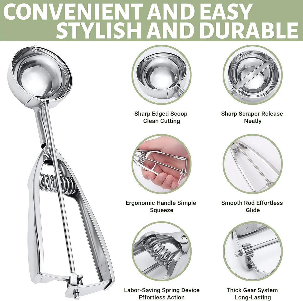 6-Piece Ice Cream Scoop Set, 3 Sizes with Serving Utensils