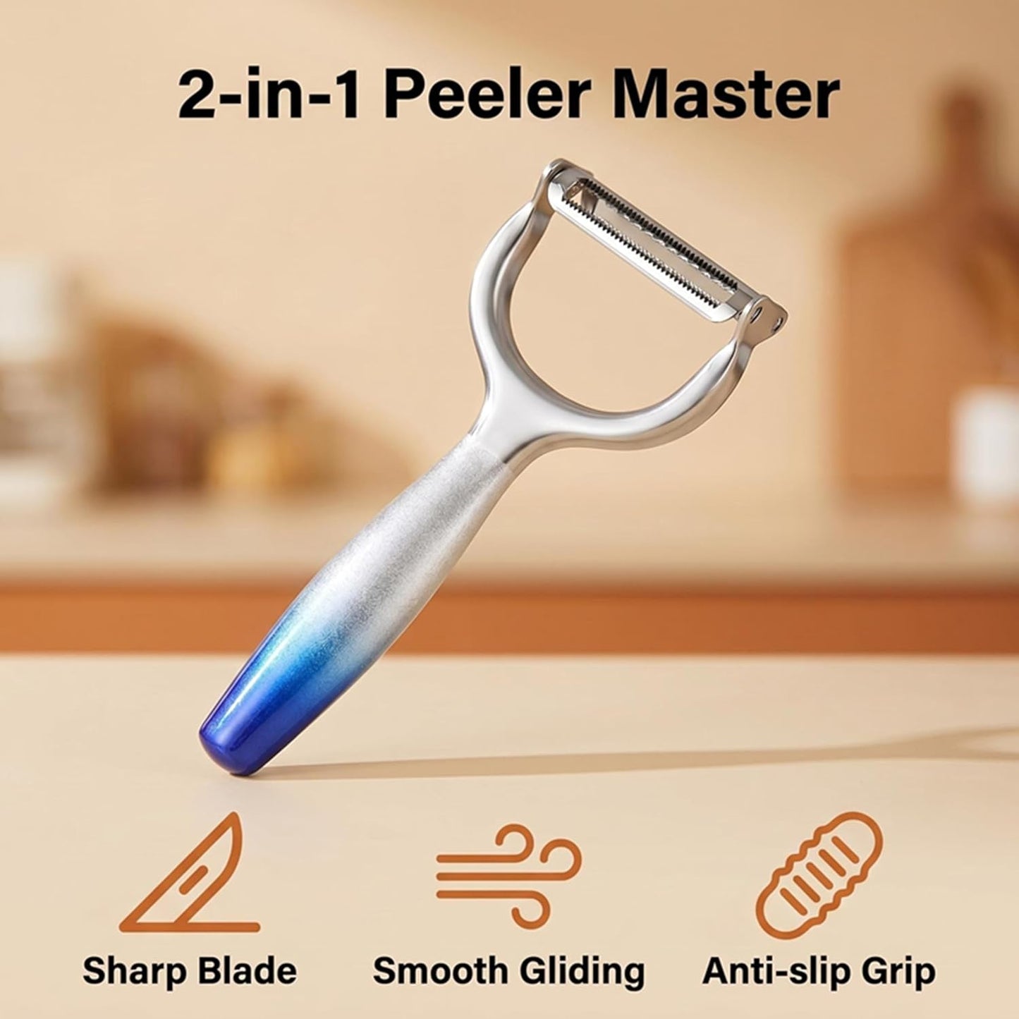 2-in-1 Vegetable Peeler, Julienne Blade, Stainless Steel Handle | For Kitchen, Fruit, Carrot, Veggie, Potatoes, Ergonomic Non-Slip Handle, Sharp Stainless Steel Blade, Good Sturdy