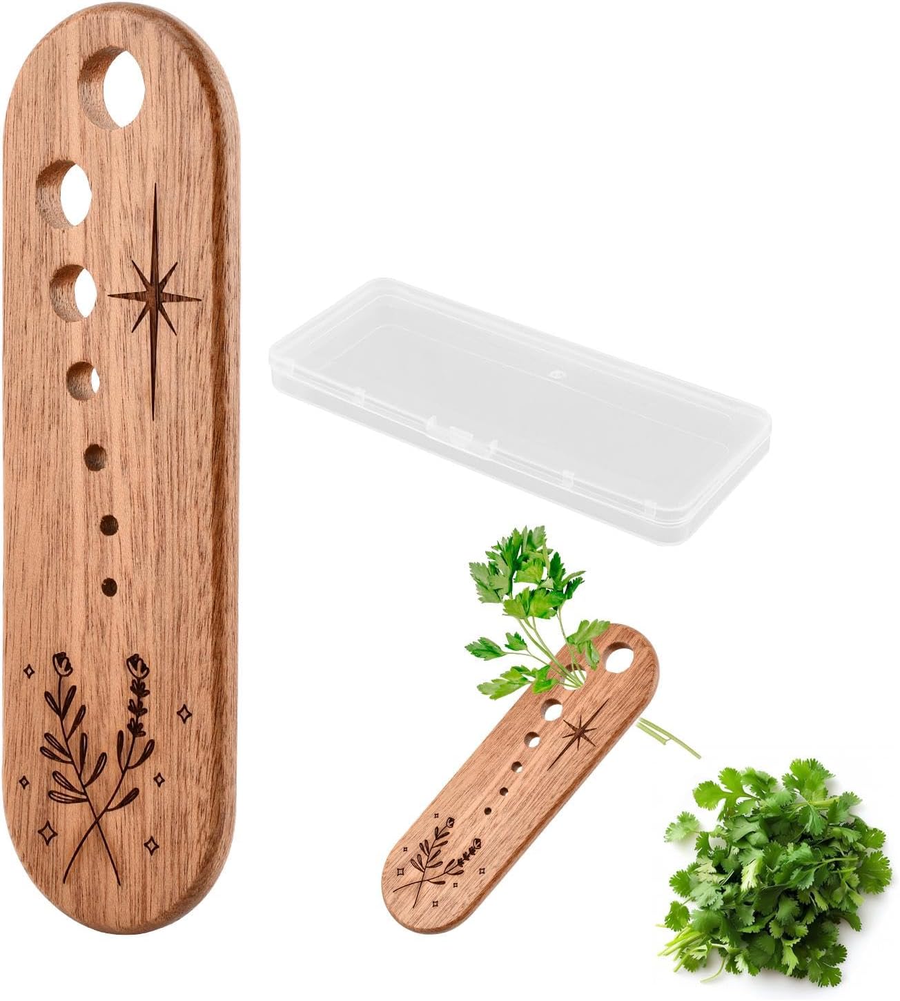 Wooden Herb Stripper Tool with 7 Sizes - Natural Herb Leaf Remover for Rosemary, Thyme, Oregano, Includes Clear Storage Case, Gift for Cooking & Gardeners