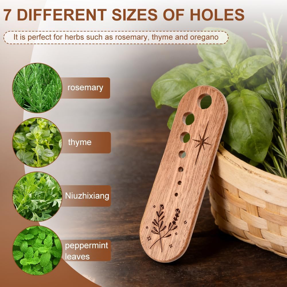 Wooden Herb Stripper Tool with 7 Sizes - Natural Herb Leaf Remover for Rosemary, Thyme, Oregano, Includes Clear Storage Case, Gift for Cooking & Gardeners