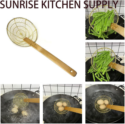Kitchen Supply 6" Round Brass Spider Strainer with Bamboo Handle
