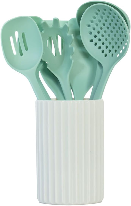 Glad Kitchen Utensils Set, 8pcs - Nonstick Cooking Tools with Utensil Holder - Nylon Spoon, Ladle, Skimmer, Spaghetti Server, and Turner Spatula Set - Dishwasher Safe, Teal Green
