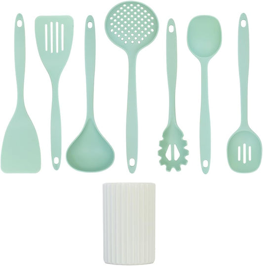 Glad Kitchen Utensils Set, 8pcs - Nonstick Cooking Tools with Utensil Holder - Nylon Spoon, Ladle, Skimmer, Spaghetti Server, and Turner Spatula Set - Dishwasher Safe, Teal Green