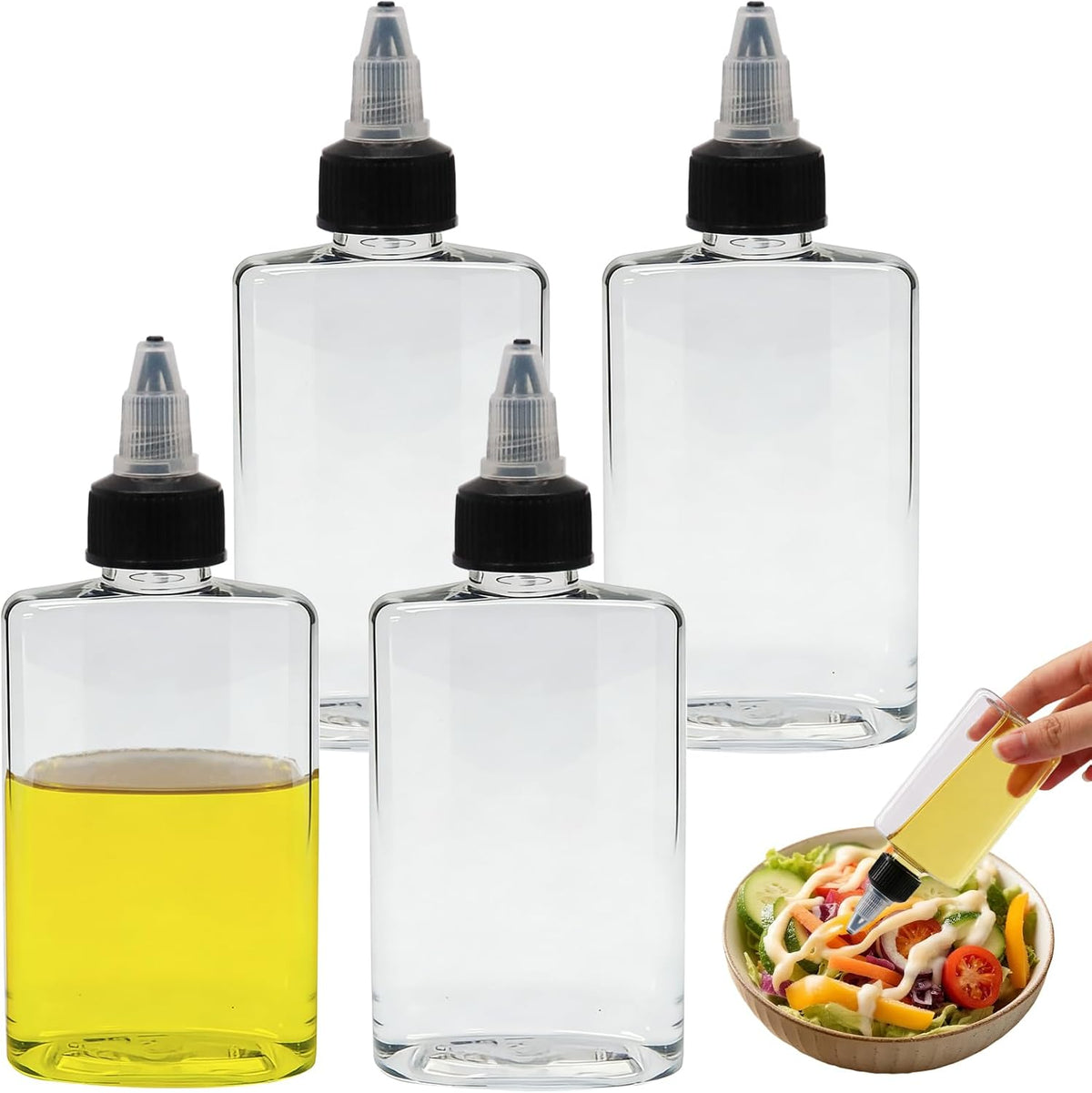 4 Pcs 100ML Oil Dispenser Bottles, Leak-Proof Twist Cap Squeeze | Food Grade Plastic, Twist Top Cap Secure Seal, Wide Opening for Easy Refill, for Oil Soy Sauce Vinegar BBQ