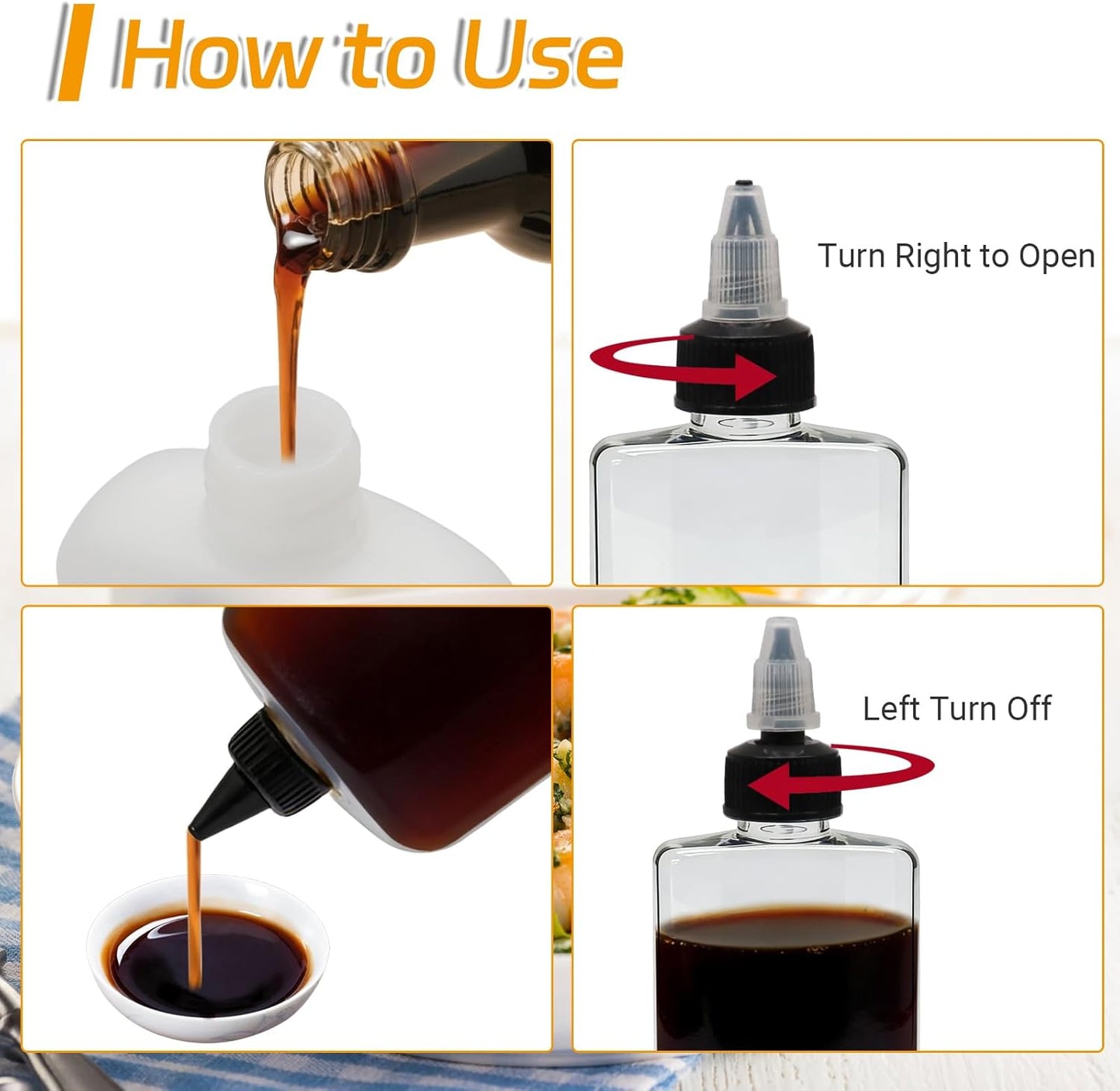 4 Pcs 100ML Oil Dispenser Bottles, Leak-Proof Twist Cap Squeeze | Food Grade Plastic, Twist Top Cap Secure Seal, Wide Opening for Easy Refill, for Oil Soy Sauce Vinegar BBQ