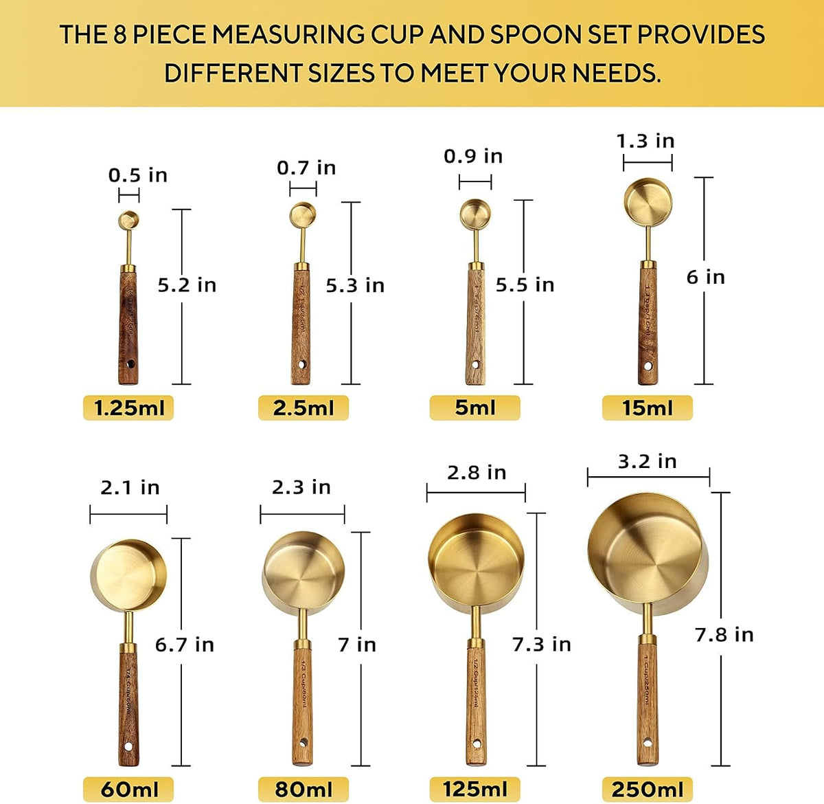 Measuring Cups and Spoons Set of 8, Golden Stainless Steel Measuring Cup with Wooden Handle, Kitchen/Food/Liquid/Baking (gold)