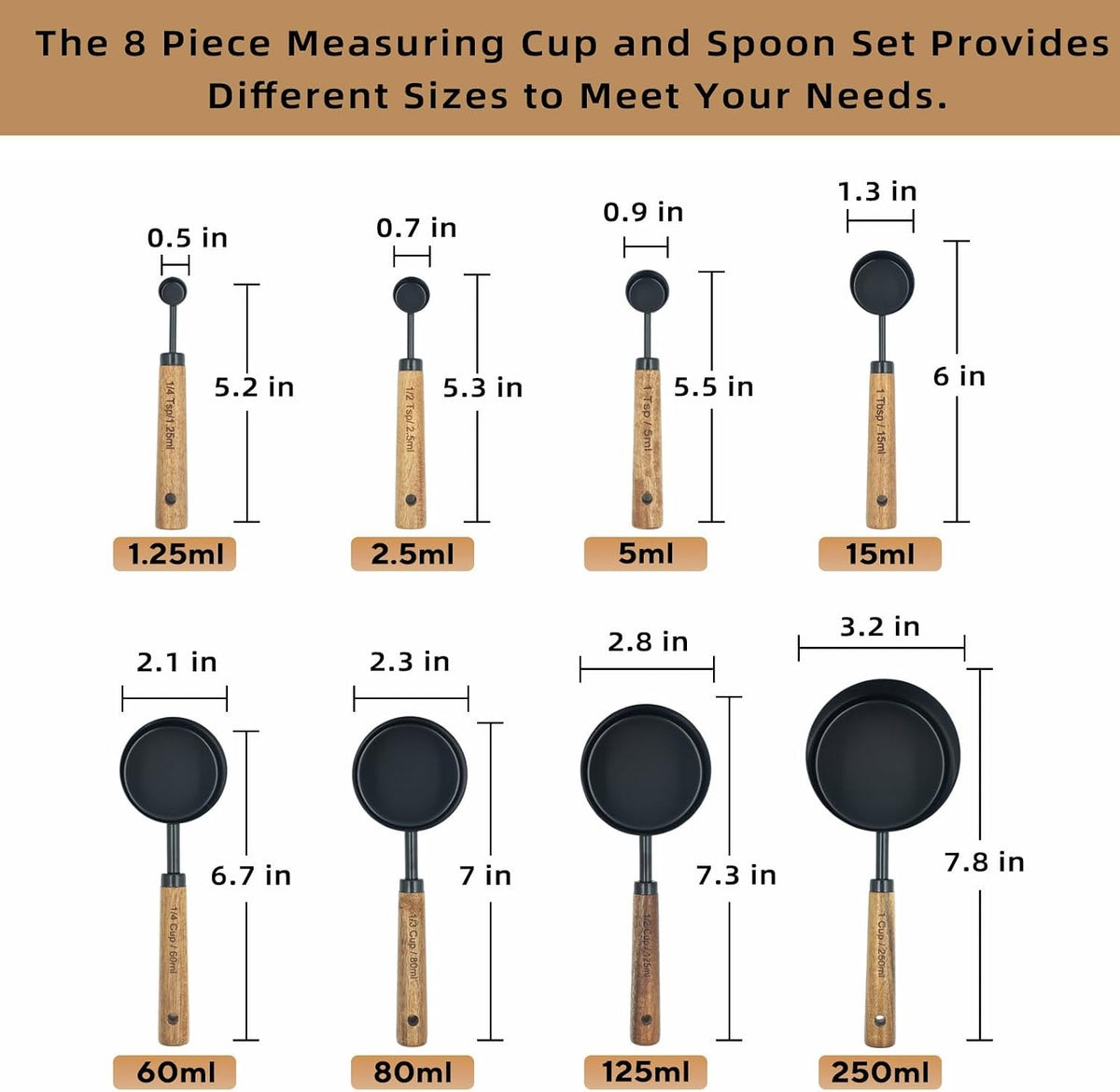 Measuring Cups and Spoons Set of 8, Golden Stainless Steel Measuring Cup with Wooden Handle, Kitchen/Food/Liquid/Baking (gold)