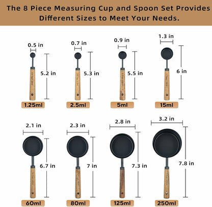 Measuring Cups and Spoons Set of 8, Golden Stainless Steel Measuring Cup with Wooden Handle, Kitchen/Food/Liquid/Baking (gold)