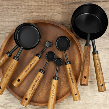 Measuring Cups and Spoons Set of 8, Golden Stainless Steel Measuring Cup with Wooden Handle, Kitchen/Food/Liquid/Baking (gold)