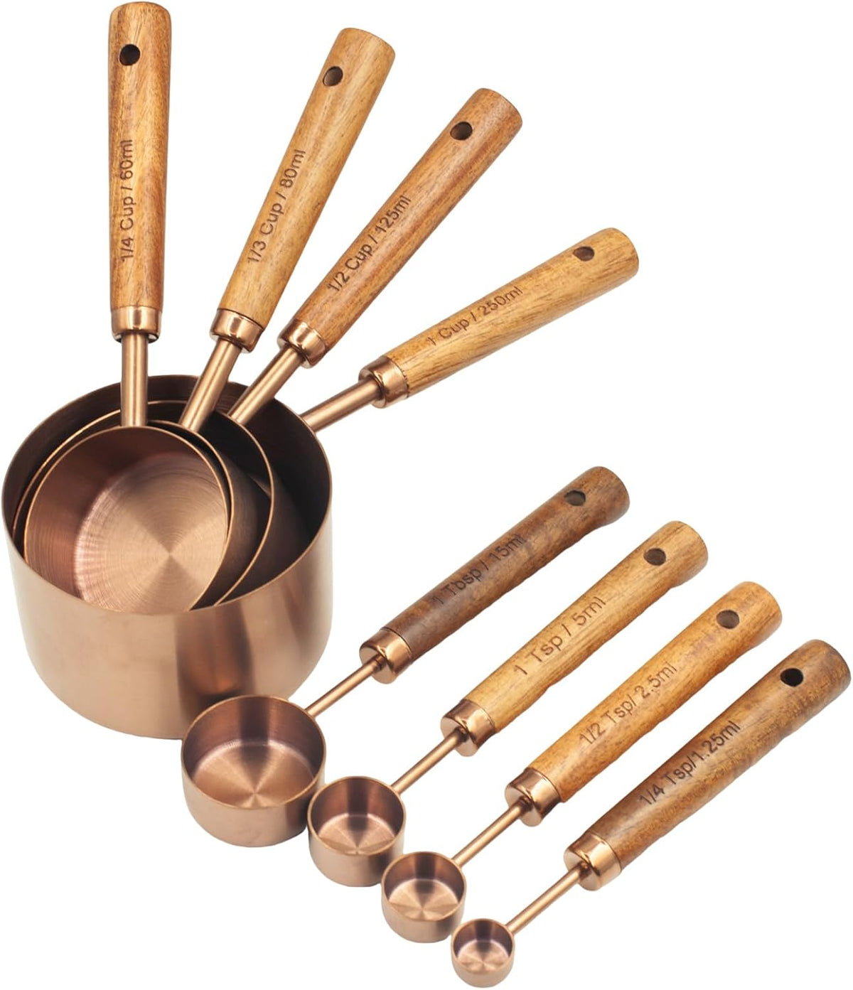 Measuring Cups and Spoons Set of 8, Golden Stainless Steel Measuring Cup with Wooden Handle, Kitchen/Food/Liquid/Baking (gold)