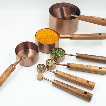 Measuring Cups and Spoons Set of 8, Golden Stainless Steel Measuring Cup with Wooden Handle, Kitchen/Food/Liquid/Baking (gold)