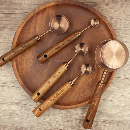 Measuring Cups and Spoons Set of 8, Golden Stainless Steel Measuring Cup with Wooden Handle, Kitchen/Food/Liquid/Baking (gold)