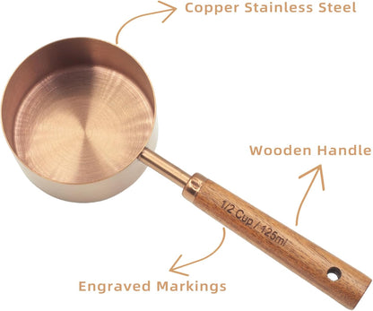 Measuring Cups and Spoons Set of 8, Golden Stainless Steel Measuring Cup with Wooden Handle, Kitchen/Food/Liquid/Baking (gold)