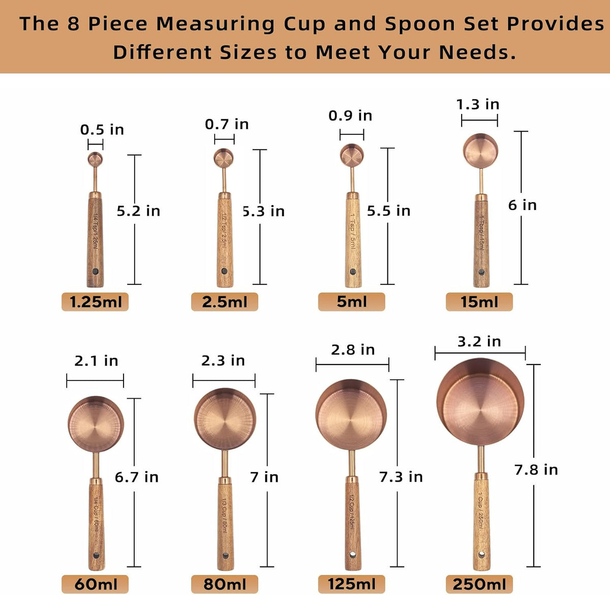 Measuring Cups and Spoons Set of 8, Golden Stainless Steel Measuring Cup with Wooden Handle, Kitchen/Food/Liquid/Baking (gold)