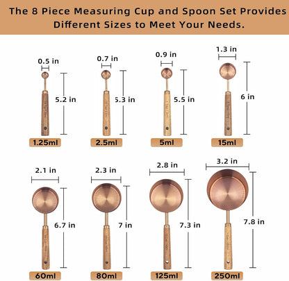 Measuring Cups and Spoons Set of 8, Golden Stainless Steel Measuring Cup with Wooden Handle, Kitchen/Food/Liquid/Baking (gold)