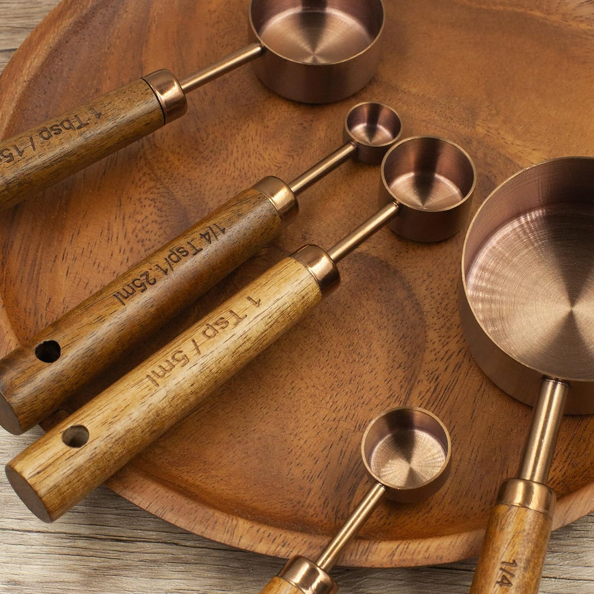 Measuring Cups and Spoons Set of 8, Golden Stainless Steel Measuring Cup with Wooden Handle, Kitchen/Food/Liquid/Baking (gold)