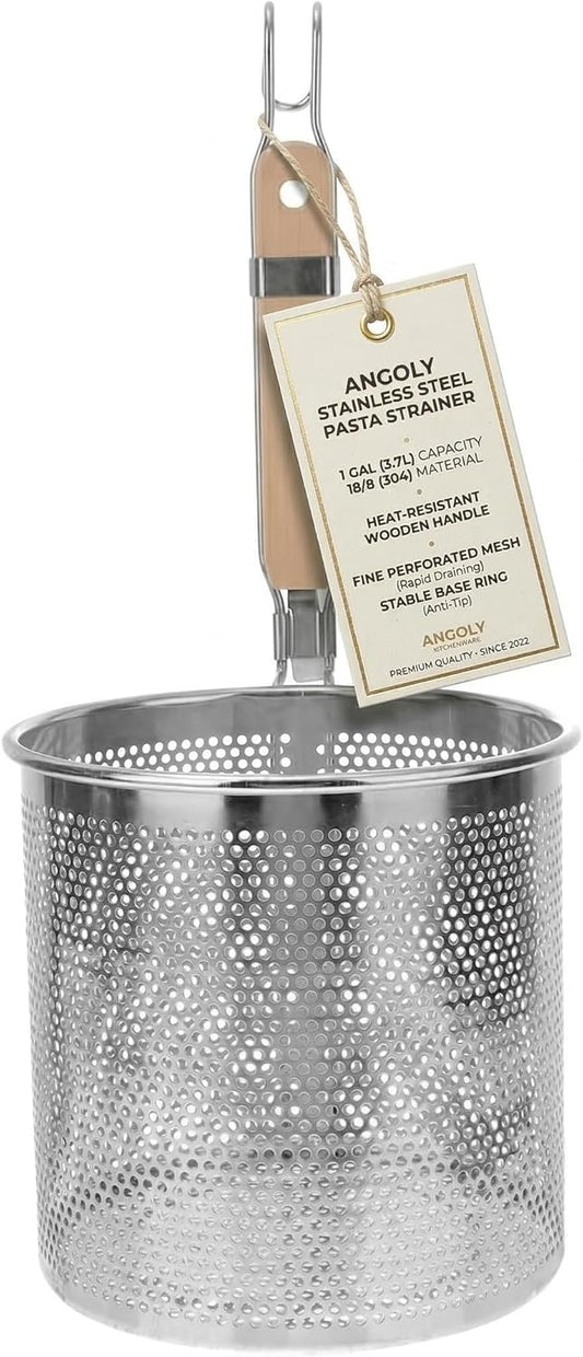 Mesh Pasta Strainer 1 Gal Stainless Steel 6.5" Deep Noodles Basket Hot Pot Colander with Wooden Handle 3.7L Boiling Spider Strainer for Cooking Dumpling Vegetable Food