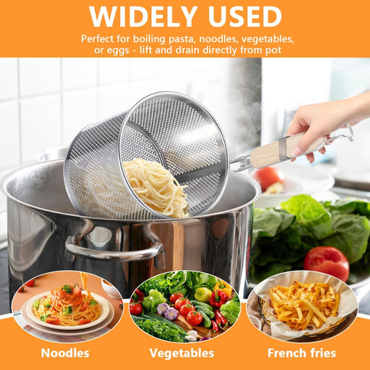 Mesh Pasta Strainer 1 Gal Stainless Steel 6.5" Deep Noodles Basket Hot Pot Colander with Wooden Handle 3.7L Boiling Spider Strainer for Cooking Dumpling Vegetable Food