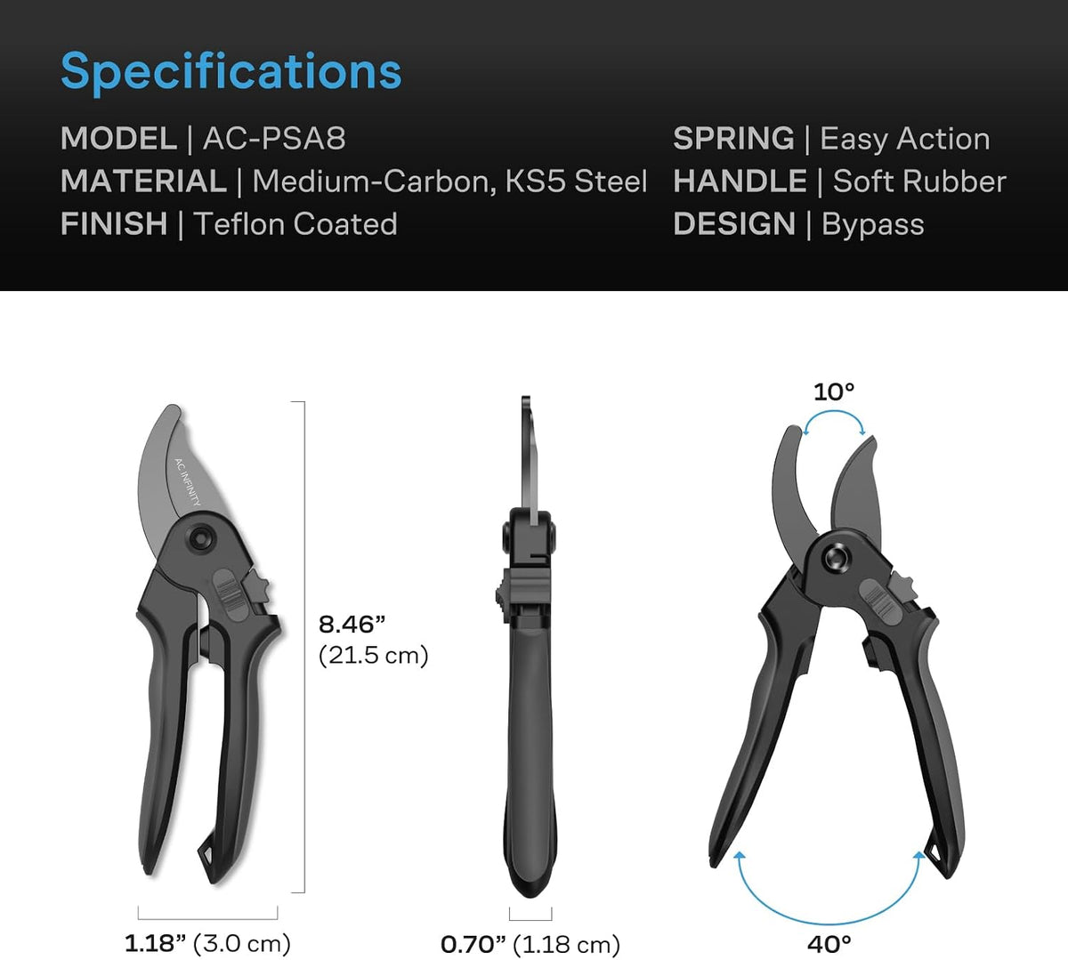 Ergonomic Pruning Shear 6.6”, Stainless Steel Straight Blades