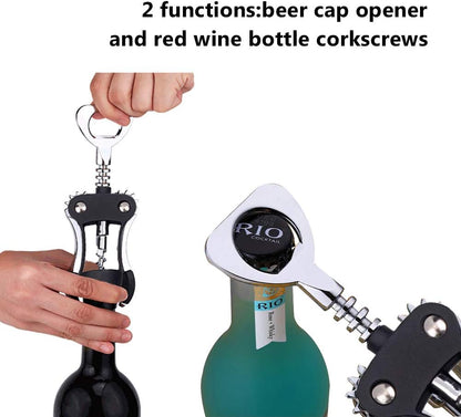 Wine Opener, Multifunctional Wing Corkscrew Wine Bottle Opener for all Cork Stoppered and Beer Cap Bottles, Luxury Waiter Corkscrew with Stopper Set for Wine Enthusiast, Waiters - Black