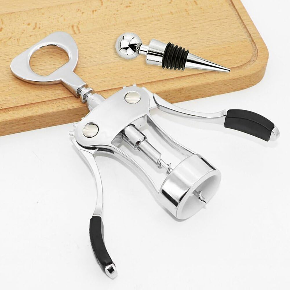 Wine Opener, Multifunctional Wing Corkscrew Wine Bottle Opener for all Cork Stoppered and Beer Cap Bottles, Luxury Waiter Corkscrew with Stopper Set for Wine Enthusiast, Waiters - Black