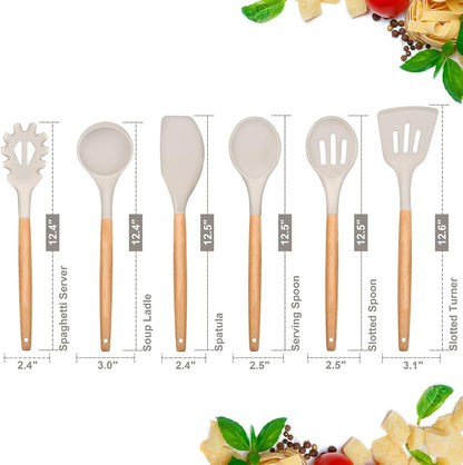 Cooking Utensils Set of 6, Silicone Kitchen Utensils with Wooden Handle, Non-stick Cookware Friendly & Heat Resistant, Includes Spatula/Ladle/Slotted Turner/Serving Spoon/Spaghetti Server(Khaki)